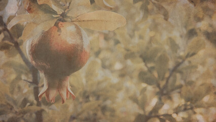 a silhouetted pomegranate in the background with a wallpaper of patterned tree branches in shadows.Christmas and romantic, vintage autumn background. Copy space 