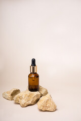 Bottles of dark amber glass with essential oil,