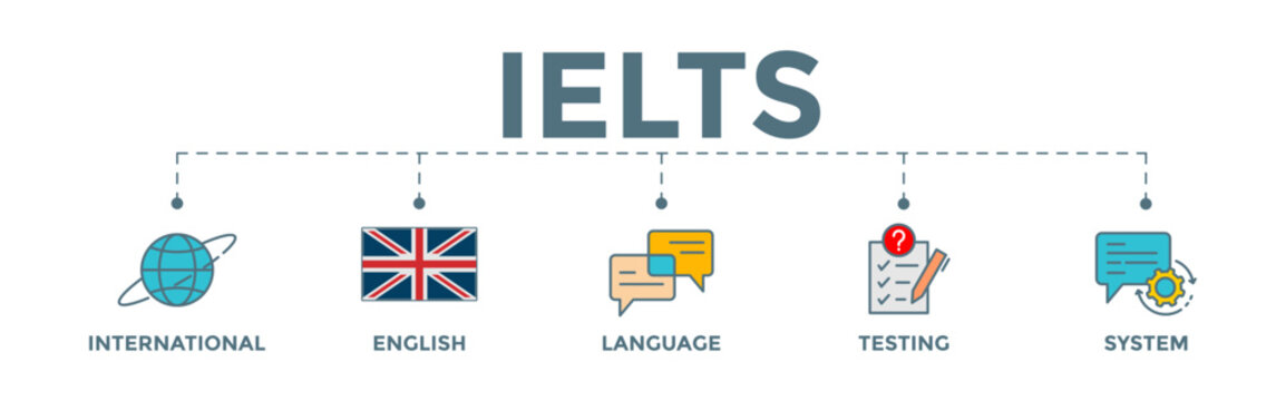 IELTS - International English Language Testing System banner web illustration with globe, flag, communication, evaluation, and gears icons