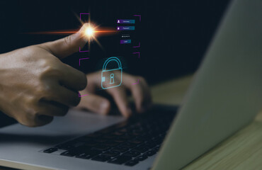 businessman's hand scans fingerprints through a virtual screen. Cybersecurity code concept for biometric authentication.	
