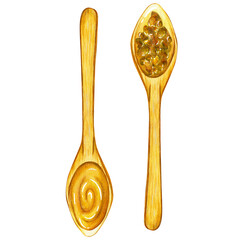 Watercolor illustration with wooden spoons with honey and pollen On a white background, isolate.