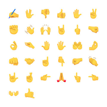 Human hands vector emoji set. Finger gestures. Open palm with fingers, hands with fingers, closed palm.