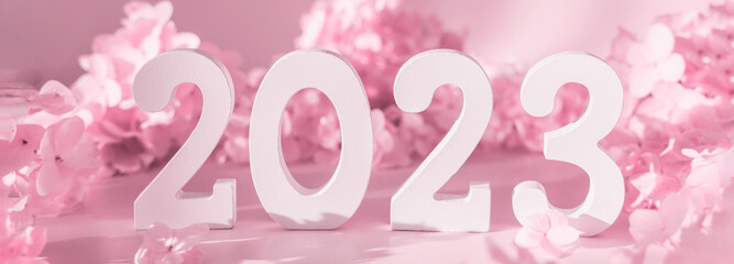 White wooden number 2023 on pastel pink background with flowers. Top view, flat lay. Happy New Year 2023. Banner