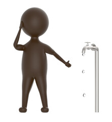 3d brown character pointing out a leaking water tap