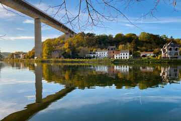 Fototapeta premium Low angle view of the Charlemagne route bridge in Dinant