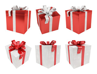 Red christmas gift collection isolated on transparent background. 3D rendering present set with bow for Xmas