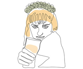 a girl with a wreath on her head and a glass of beer, hand-drawn in one line