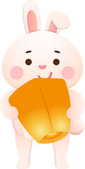 Cute bunny or bunny character or mascot, orange lantern or sky lantern, traditional Chinese New Year or Mid-Autumn Festival