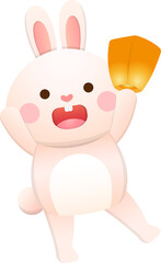 Cute bunny or bunny character or mascot, orange lantern or sky lantern, traditional Chinese New Year or Mid-Autumn Festival
