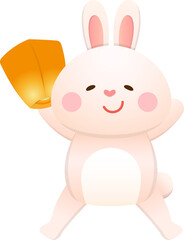 Cute bunny or bunny character or mascot, orange lantern or sky lantern, traditional Chinese New Year or Mid-Autumn Festival