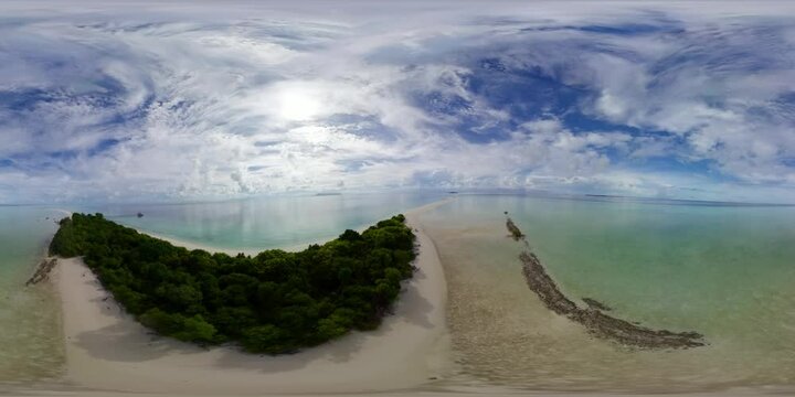 Aerial view of island with a sandy beach and azure water. Malaysia. Timba Timba Island. VR 360.