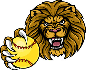 A lion animal softball sports team cartoon mascot