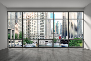 Fototapeta premium Downtown Chicago City Skyline Buildings from Window. Beautiful Expensive Real Estate. Epmty office room Interior Skyscrapers, River walk, bridge, waterfront view. Cityscape. Day time. 3d rendering.