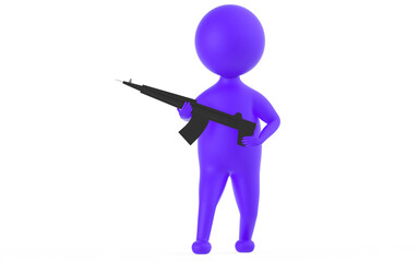 3d purple character holding a gun in his hands