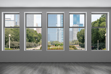 Naklejka na ściany i meble Downtown Chicago City Skyline Buildings from High Rise Window. Beautiful Expensive Real Estate overlooking. Epmty room Interior Skyscrapers View in Penthouse Cityscape. Day time. 3d rendering.