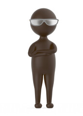 3d brown character wearing sunglass , standing and crossing his arms