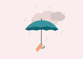 A Person’s Holding An Umbrella On A Rainy Day. Close-Up. Flat Design Style, Character, Cartoon.
