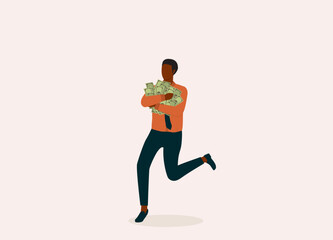 Fototapeta na wymiar One Black Businessman Running Away With A Bunch Of Cash Money. Full Length. Flat Design Style, Character, Cartoon.
