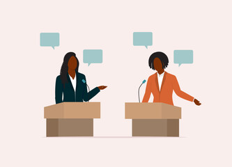 Two Black Women Politician Standing At A Podium Debating With One Another. Half Length. Flat Design, Character, Cartoon.