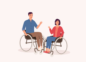 Fototapeta premium Young Couple With Wheelchair Talking With Each Another. Full Length. Flat Design, Character, Cartoon.