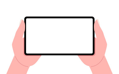 Two female hands holding a mobile smartphone mockup with an empty screen. Vector illustration.