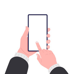 Male hand holding smartphone with blank screen. Vector illustration.