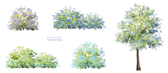 Vector watercolor blooming flower,tree or forest side view isolated on white background for landscape and architecture drawing,elements for environment and garden,botanical for section in spring 