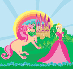 Obraz na płótnie Canvas pink unicorn and beautiful queen in front of her castle