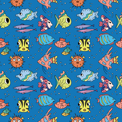 Ocean pattern. Cute marine life seamless background with fish. Colorful repeat vector illustration for kids. Sea pattern