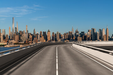 Obraz premium Empty urban asphalt road exterior with city buildings background. New modern highway concrete construction. Concept of way to success. Transportation logistic industry fast delivery. New York. USA.