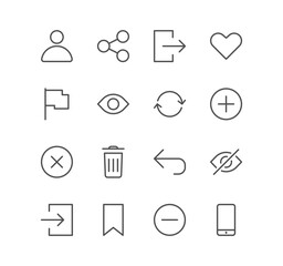 Set of interface and related icons, log in, log out, search, notification and linear variety vectors.