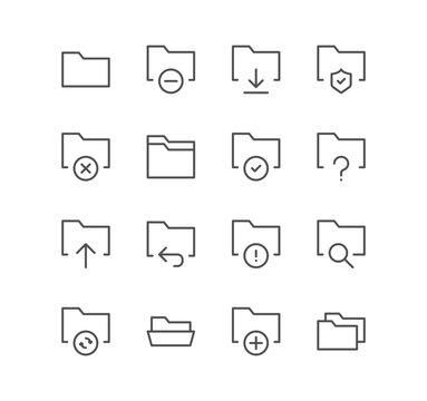 Set of file and folder related icons, repository, sync, network folder and linear variety vectors.