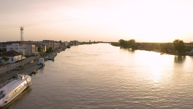 Aerial view of Chilia old town and the port on the Kilya waterway on Danube river. Danube delta Romania. The port of Chilia. Maritime navigation arm and border point. Chilia Veche, Romania and Ukraine
