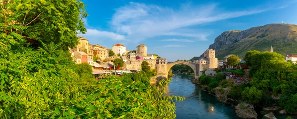 Cercles muraux Stari Most Panorama of The Old Bridge in Mostar in a beautiful summer day, Bosnia and Herzegovina