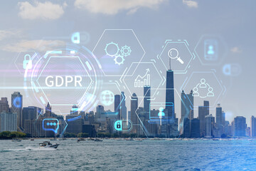 City view of Downtown skyscrapers of Chicago skyline panorama over Lake Michigan, harbor area, day time, Illinois, USA. GDPR hologram, concept of data protection regulation and privacy for individuals