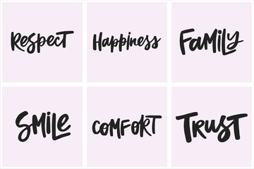 Set of handwritten words about happiness. Collection of creative calligraphy for posters, cards, etc.