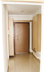 interior design of the corridor in the apartment with white walls and brown doors