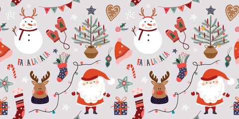 Christmas seamless pattern, wallpaper with winter design, Christmas tree, snowman and Santa, trendy seasonal wrapping paper - obrazy, fototapety, plakaty