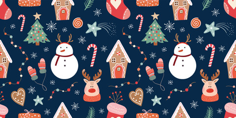 Naklejka premium Christmas seamless pattern, wallpaper with seasonal winter design, Christmas trendy wrapping paper with snowman and Christmas tree