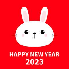 Happy Chinese New Year 2023. The year of the rabbit. White bunny round face head icon. Big ears. Cute kawaii funny cartoon character. Baby greeting card. Red color background. Flat design.