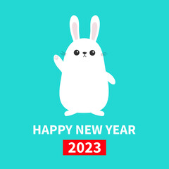 Happy Chinese New Year 2023. The year of the rabbit. White bunny waving hand. Funny head face. Big ears. Cute kawaii cartoon character. Baby greeting card Blue background. Flat design.
