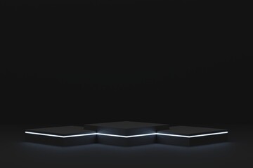 Modern plate pedestal of neon platform display with luxury stand podium on dark room background. Blank Exhibition or empty product shelf. 3D render