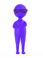 3d purple character wearing tinted sunglass , standing and crossing his arms