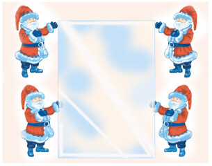 New Year card. Four Santa Claus and greeting card. Universal blank for creating a calendar or congratulations. No year indicated.