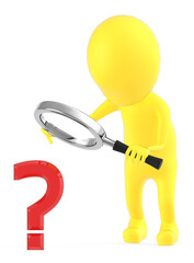 3d yellow character examining a question mark sign through a magnifier which the character is holding on his hands