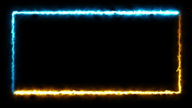 Burning abstract seamless of neon glowing ultraviolet lines. Looped rectangle animated frame on transparent background with alpha channel. border design is pattern fire blue and fire orange art style.