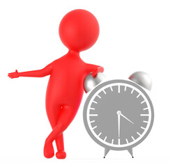 3d red character standing near to a large size table clock