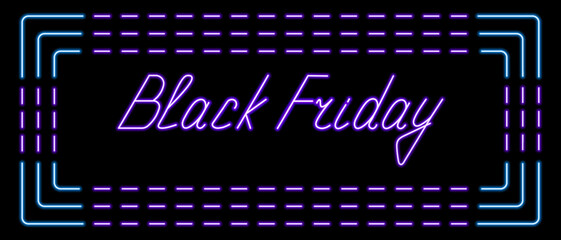 Black Friday. Neon lettering. Glowing purple text. Blue and purple frame. Color vector illustration. Isolated black background. Symbol of sales and discounts. Seasonal sale. Idea for web design.