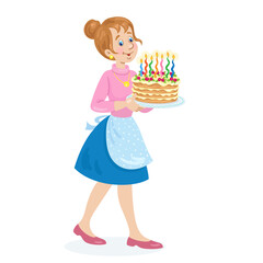 Young woman carries a large birthday cake with burning candles. In cartoon style. Isolated on white background. Vector illustration.