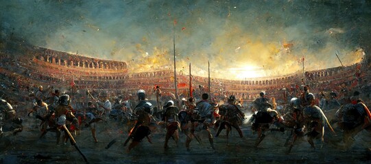 Gladiators fight in a colosseum. Slave. roman soldiers armed and fighting. - obrazy, fototapety, plakaty